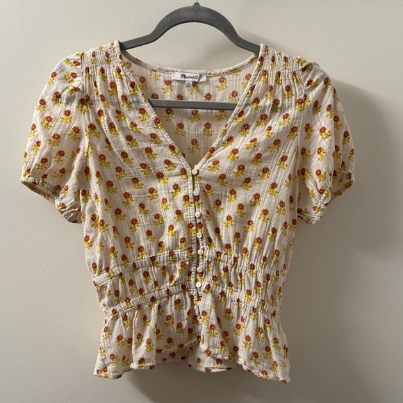 Madewell Tops - Madewell Cream Floral Button-Peplum Blouse with Yellow and Rust Flowers